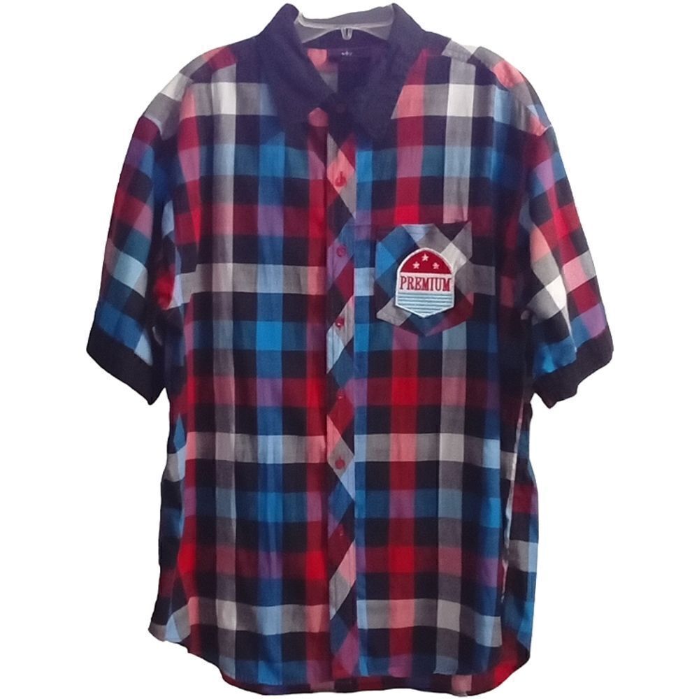 Red Ape Button Down Shirt Size L Short Sleeve Red White Blue Black